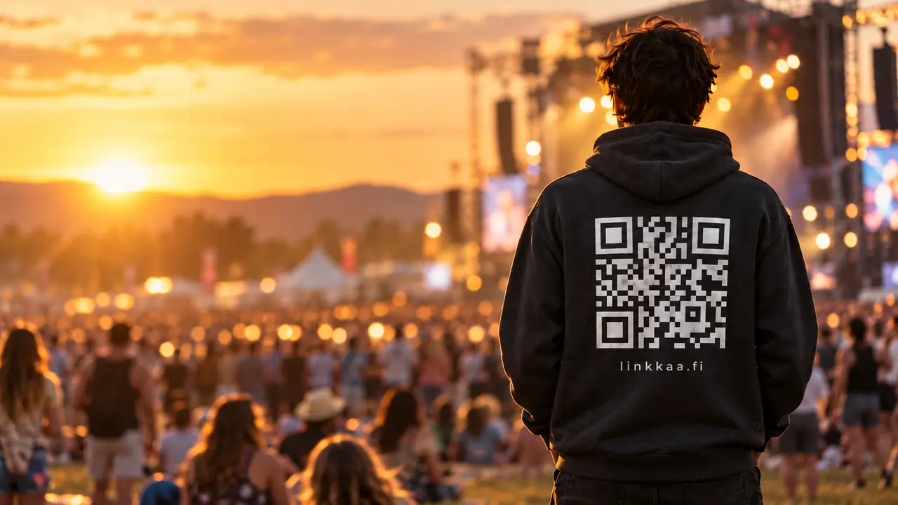Festarin yleisö auringonlaskussa lavan edessä. Etualalla selin seisovan ihmisen hupparin selkään on painettu QR-koodi ja osoite linkkaa.fi.
